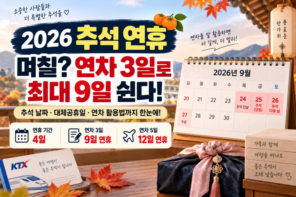 2026 추석 연휴 날짜와 연차 3일로 9일 쉬는 방법